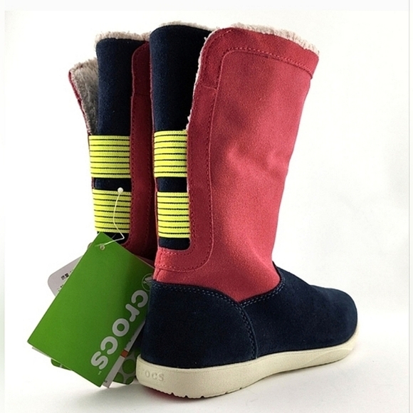 Crocs Adela Women's Foldover Fuzz Leather  Pink Boots Poppy Stucco Navy Size 6 - Picture 8 of 15